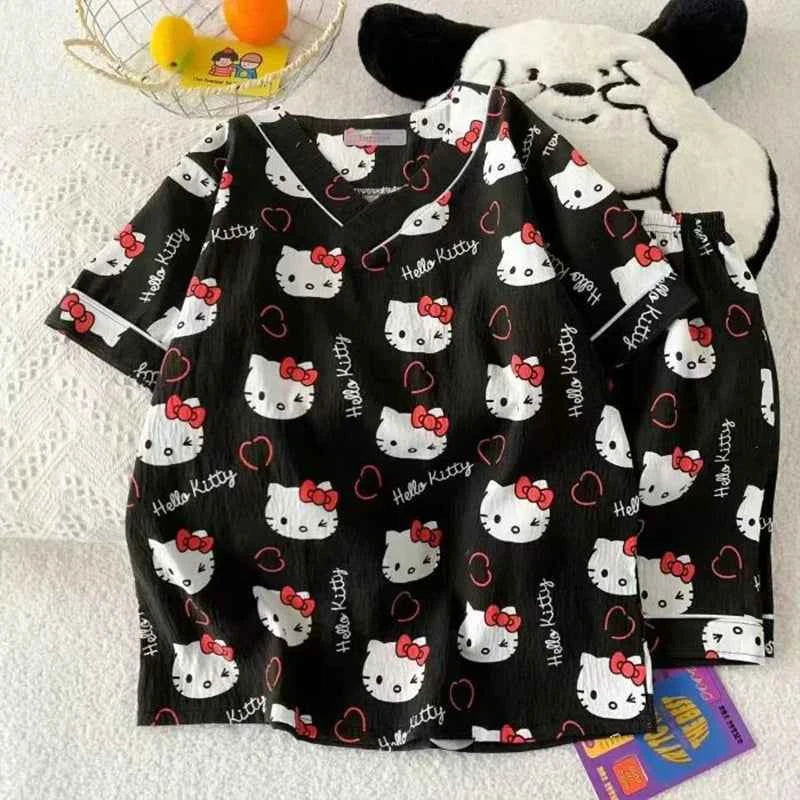 Sanrio Fashion Casual Cute Sweet Polka Dot Home Cartoon Cat Shorts Short-Sleeved Pajamas Suit For Women