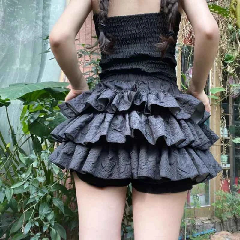 Kawaii Lolita Skirt Shorts Women Summer Ruffle Patchwork