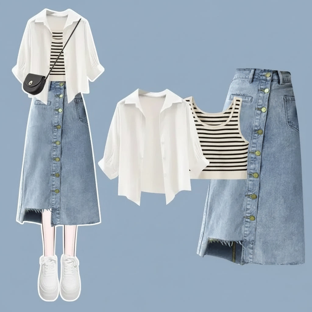 Summer Suit Inner Striped Vest Denim Skirt Three-Piece Set - Vusy Kawaii Shop