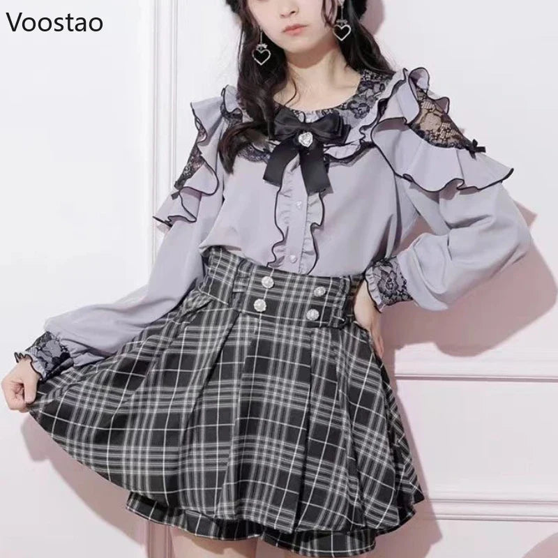 Japanese Gothic Lolita Shirt Women Aesthetic Sweet Bow Lace - Vusy Kawaii Shop