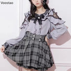 Japanese Gothic Lolita Shirt Women Aesthetic Sweet Bow Lace - Vusy Kawaii Shop
