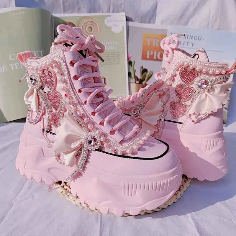 Lolita's Original Thick Soled Boots Women's Pink High Rise Short Boots Sweet Diamond Inlaid Fairy New High Top Single Shoes