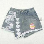 Japanese Sweet Lace Edge Patchwork Cotton Denim Cute Shorts