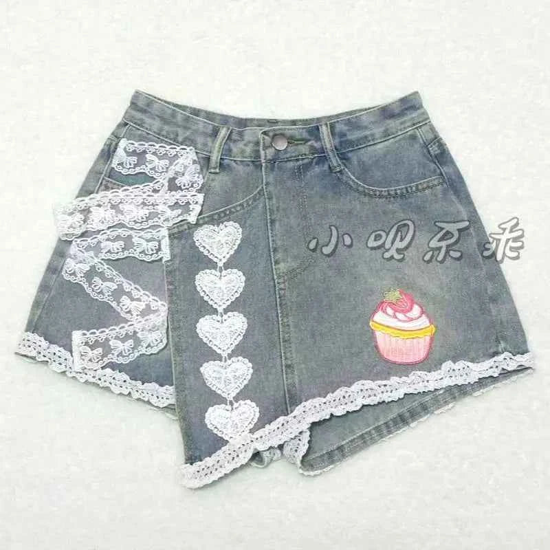 Japanese Sweet Lace Edge Patchwork Cotton Denim Cute Shorts