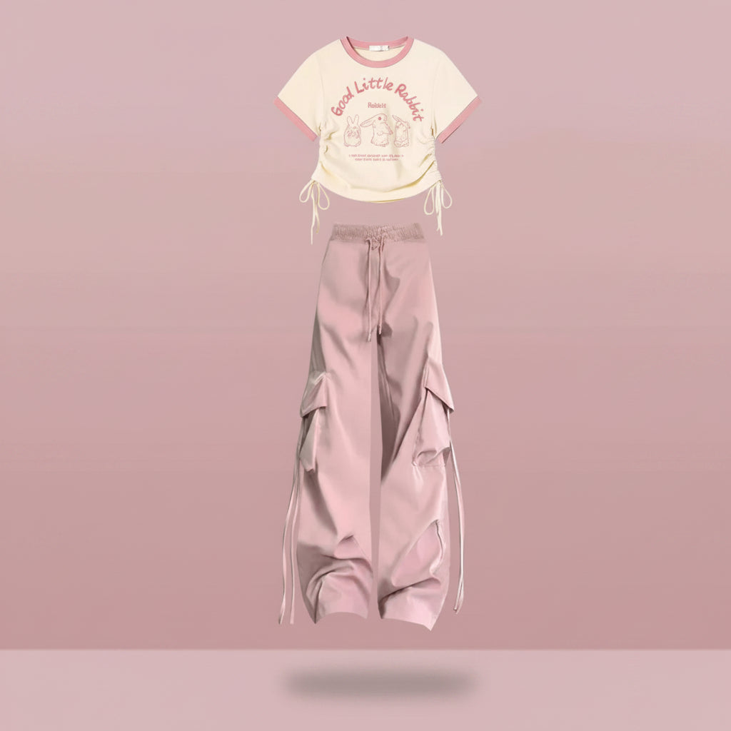 Korean Spring Summer Set Short Sleeve T-Shirt and Pink - Vusy Kawaii Shop