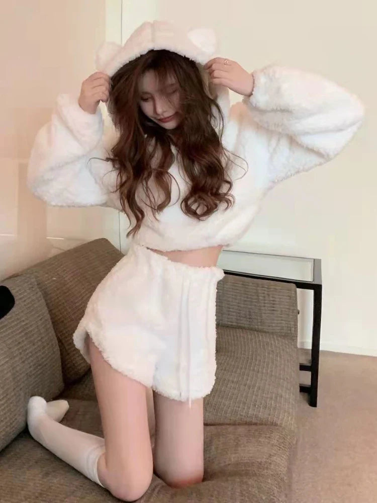 Kawaii Two Pieces Set Women Crop Hoodies and Mini Shorts - Vusy Kawaii Shop