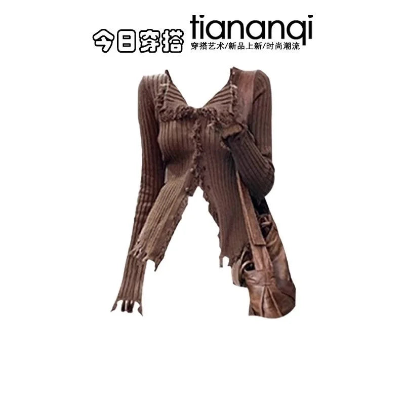 Brown Bohemian Tassel Knit Set, brown ribbed knit sweater with tassel trim