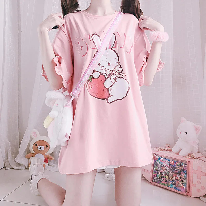 Summer Women Cute Lolita Pink T-Shirts Cartoon Strawberry - Vusy Kawaii Shop