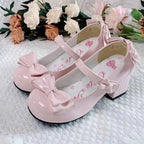 2025 Lolita Style Cute Round Head  Jane Pumps With Bow Women's Sweet Party Dress Midi Heels Shoes Fashion PU Sandals