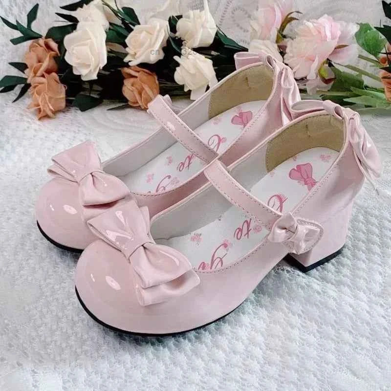 2025 Lolita Style Cute Round Head  Jane Pumps With Bow Women's Sweet Party Dress Midi Heels Shoes Fashion PU Sandals