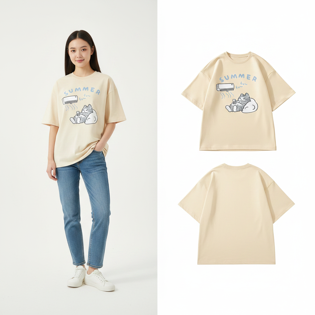 Summer Japanese Cartoon Cute Cat Fun Print Short Sleeve