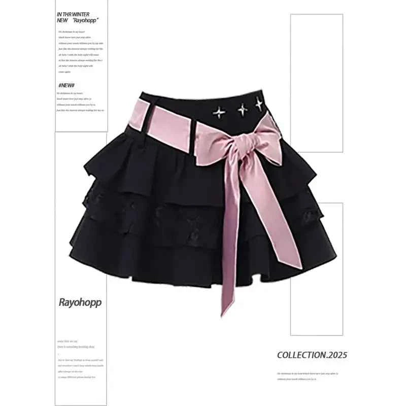 Harajuku Vintage Sweet Ruched Cake Skirts High Waist Bow