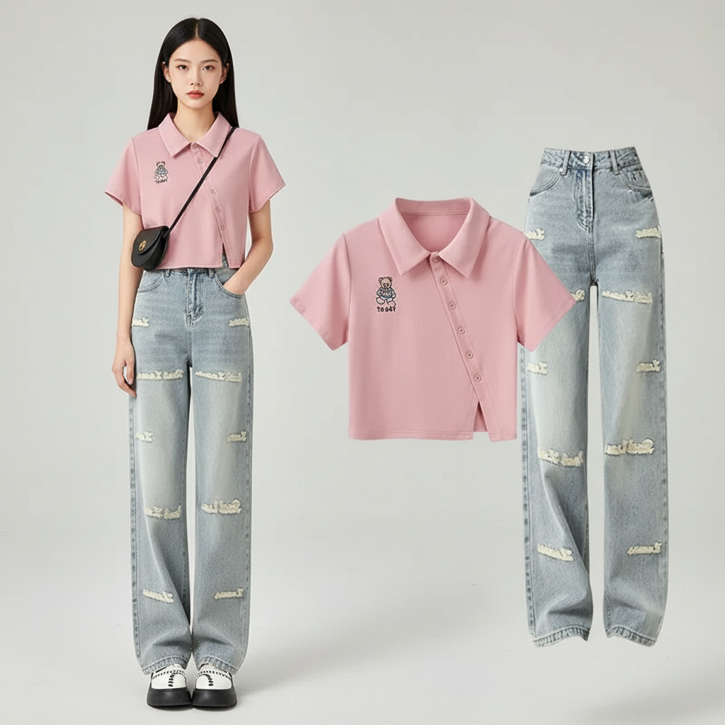 Summer Embroidered Denim Pants Matching Set Korean Elegant - Vusy Kawaii Shop