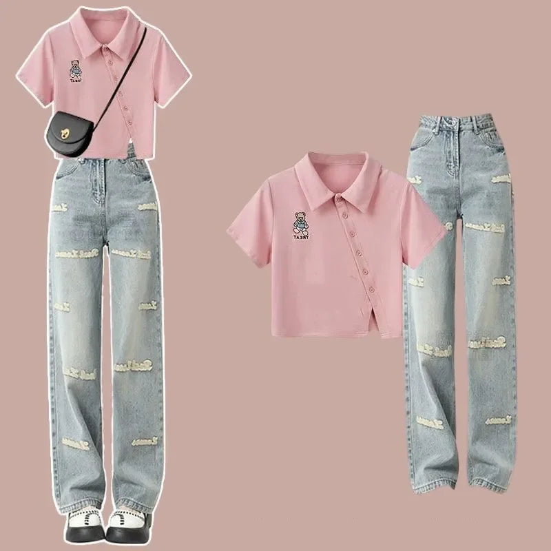 Summer Embroidered Denim Pants Matching Set Korean Elegant - Vusy Kawaii Shop