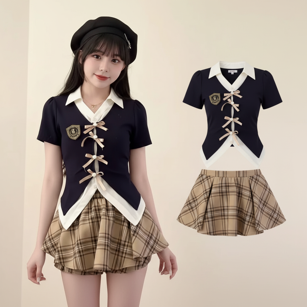 Y2K Bow Patchwork Top & Plaid A-Line Skirt Set Women's Sweet Vintage Two-Piece
