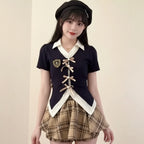 Sweet American Vintage Patchwork Bow Short Sleeve Top Women - Vusy Kawaii Shop