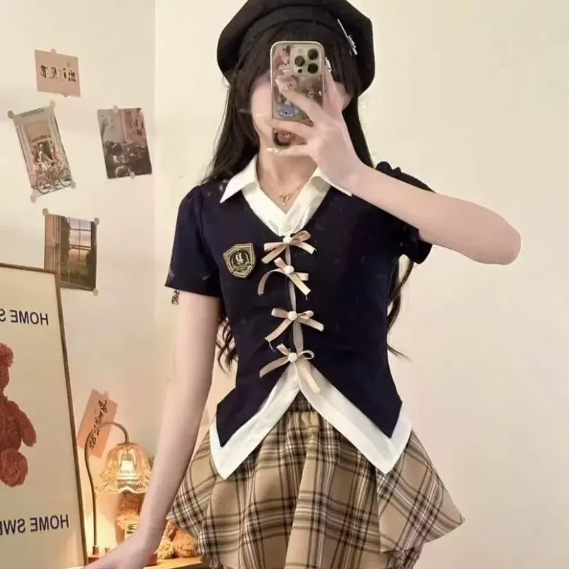 Sweet American Vintage Patchwork Bow Short Sleeve Top Women - Vusy Kawaii Shop
