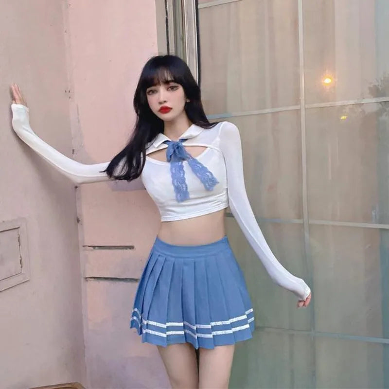 Fashion Lapel Neck Hollow Out JK T-Shirts and High Waist - Vusy Kawaii Shop