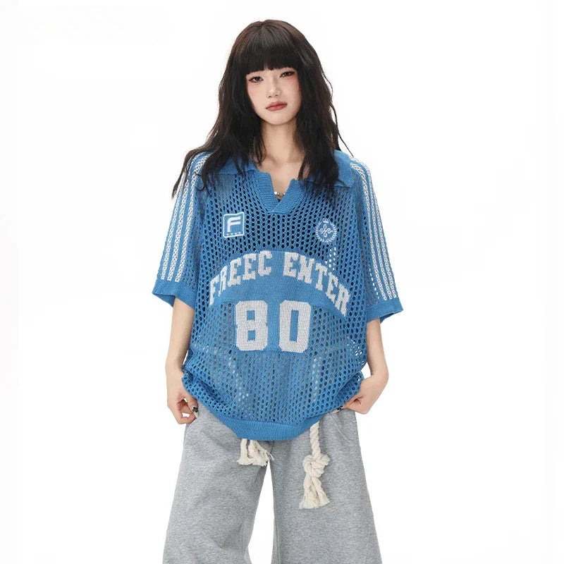 American Vintage Hollow Out Knit Tops Polo Shirt Graphic T - Vusy Kawaii Shop