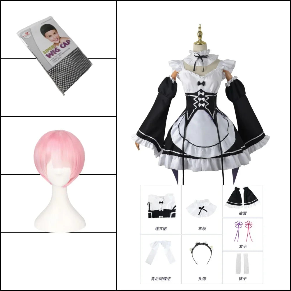 Ram and Rem maid costume styled for Halloween, full outfit