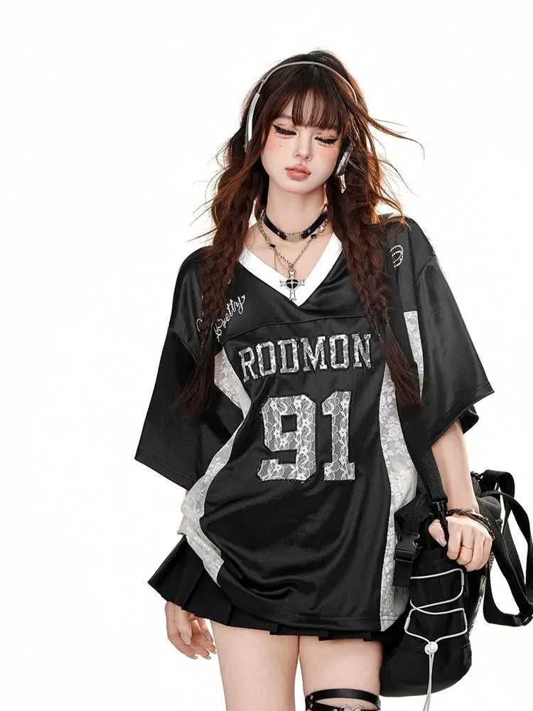 American Lace Embroidered Sports Jersey T-Shirts Harajuku - Vusy Kawaii Shop