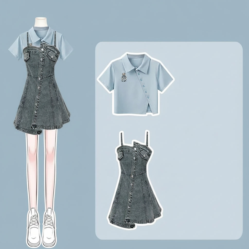 Summer Dress Matching Set Fashion Short Top and Denim Strap - Vusy Kawaii Shop