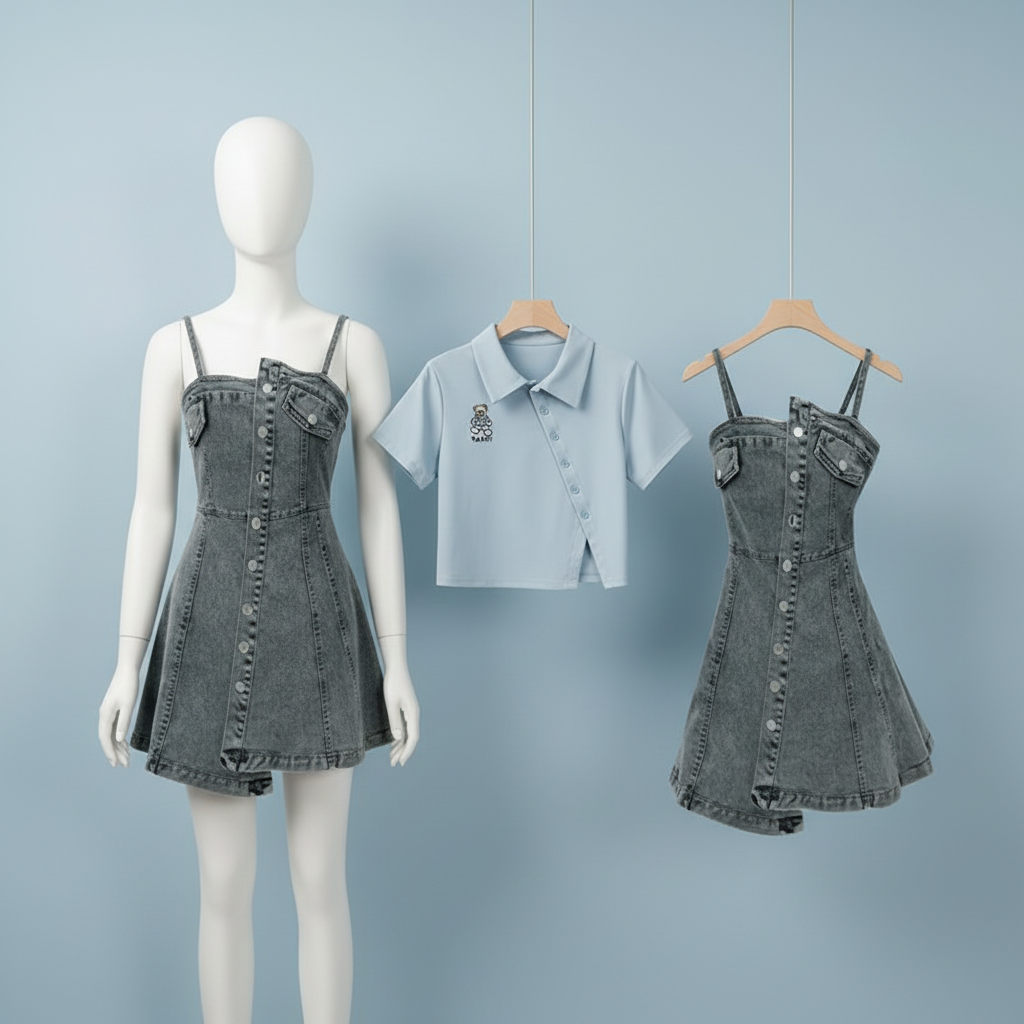 Summer Dress Matching Set Fashion Short Top and Denim Strap - Vusy Kawaii Shop