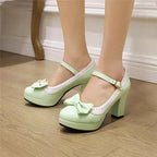 Pink Red Patent Leather Women Platform Mary Janes High Chunky Heels Pumps Lady Party Dress Summer Bowknot Round Toe Lolita Shoes
