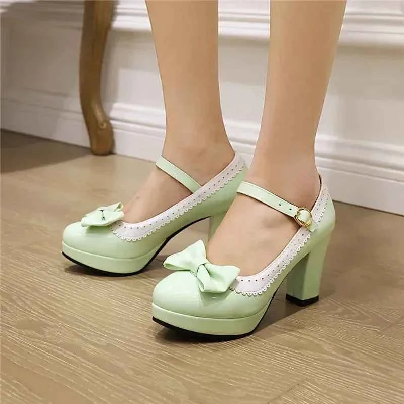 Pink Red Patent Leather Women Platform Mary Janes High Chunky Heels Pumps Lady Party Dress Summer Bowknot Round Toe Lolita Shoes