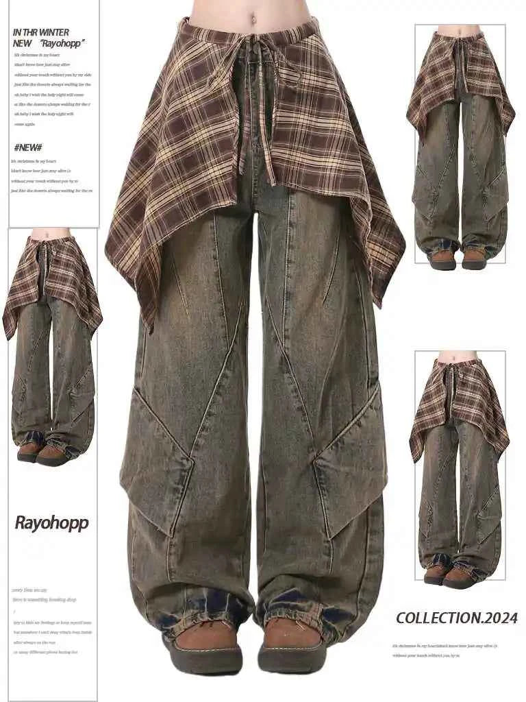 Women Blue Y2k Jeans with Skirt Harajuku Vintage Baggy Denim Trousers Japanese 2000s Style Oversize Jean Long Pants Clothes New