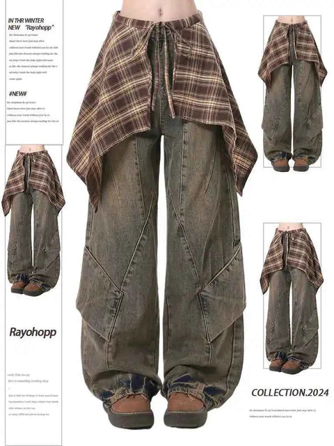 Women Blue Y2k Jeans with Skirt Harajuku Vintage Baggy Denim Trousers Japanese 2000s Style Oversize Jean Long Pants Clothes New