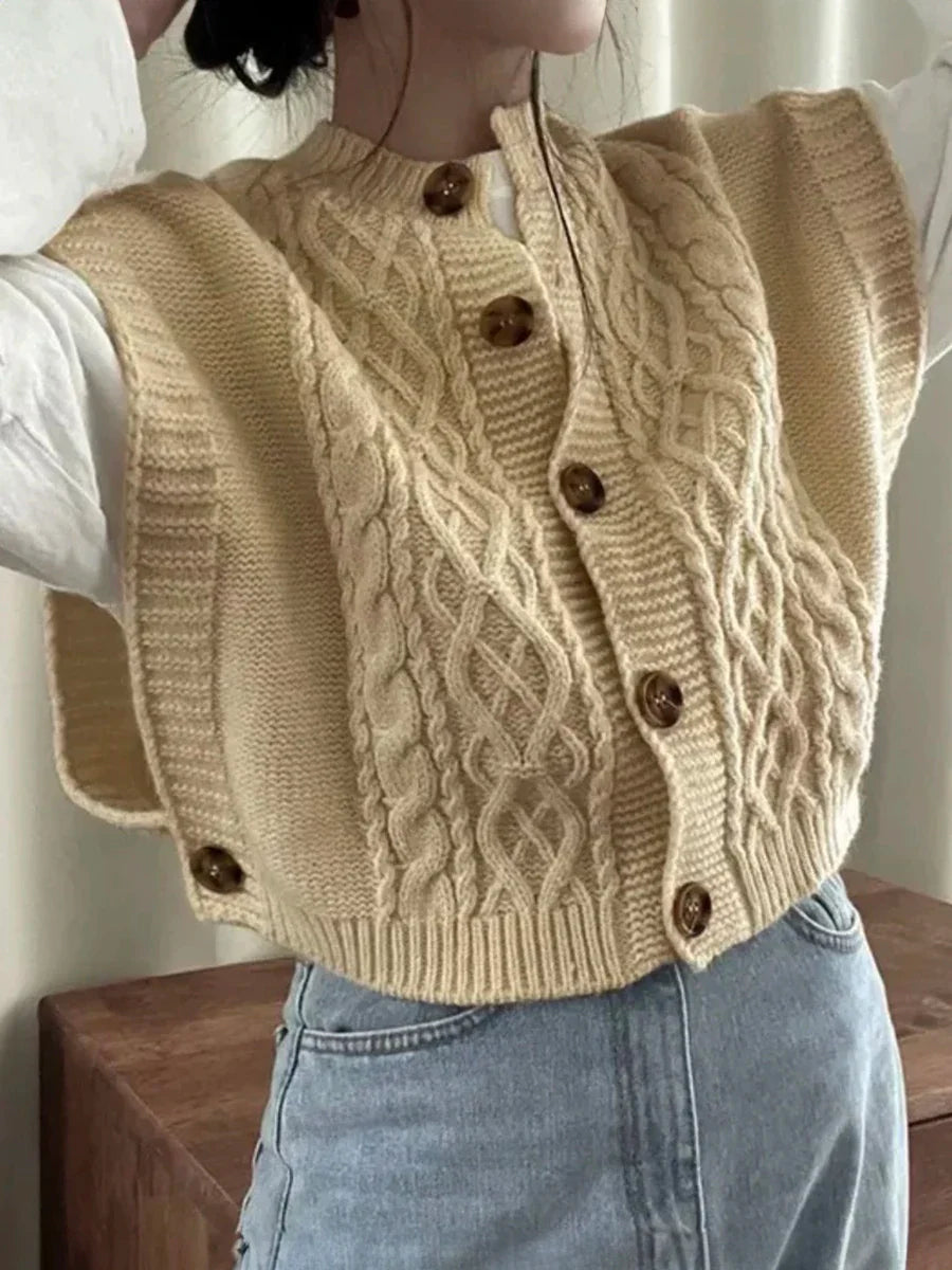 Cable Knit Sweater Vest Cozy Button-Up Sleeveless Crop Top - Vusy Kawaii Shop