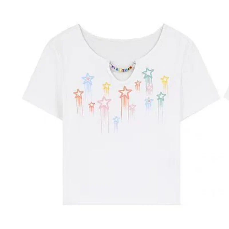 Women Summer Fashion Star Print Chain Slim Short T-Shirts - Vusy Kawaii Shop
