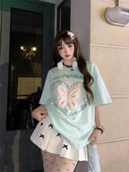 Oversized Shoulder Short Sleeved Personalized T-Shirt Women - Vusy Kawaii Shop