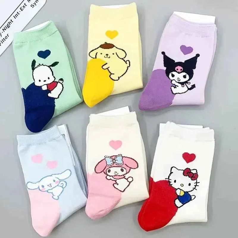 6 Pairs Anime Sanrio Melody Kuromi Print Kids Socks Cinnamoroll  Kawaii Warm Cartoon Women Mid-calf Socks Cotton Sock for Girls