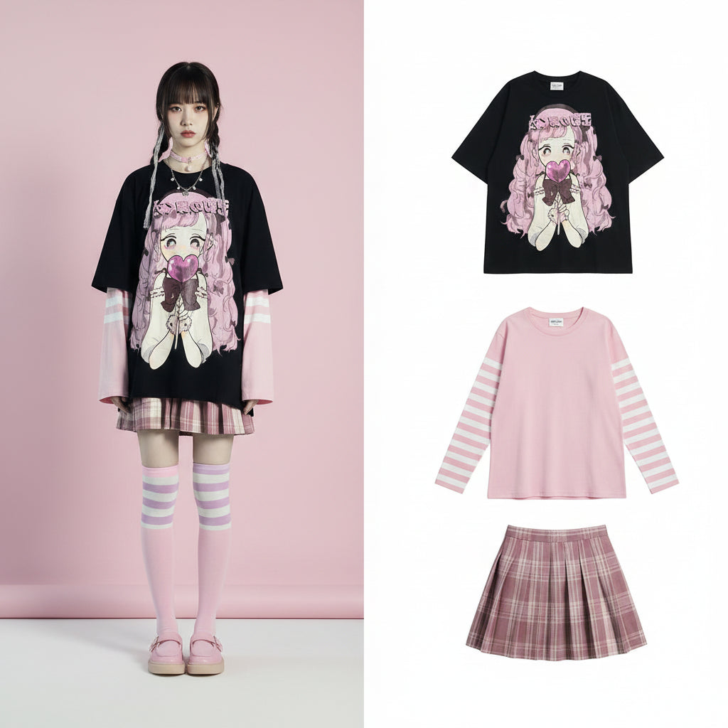 Japanese Cartoon Anime Sweet Cute Girl Print Long Sleeve - Vusy Kawaii Shop
