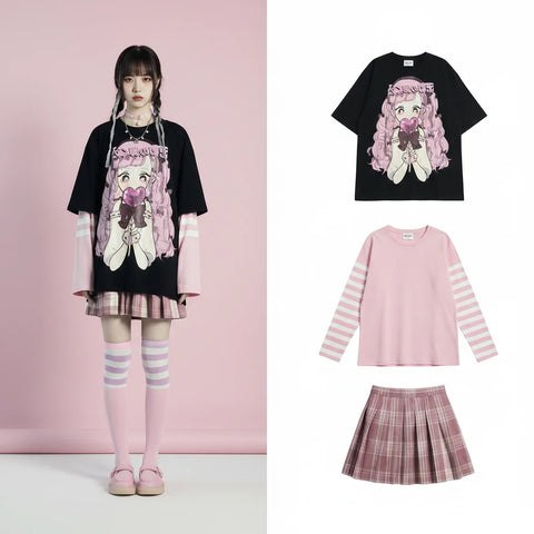 Japanese Cartoon Anime Sweet Cute Girl Print Long Sleeve - Vusy Kawaii Shop