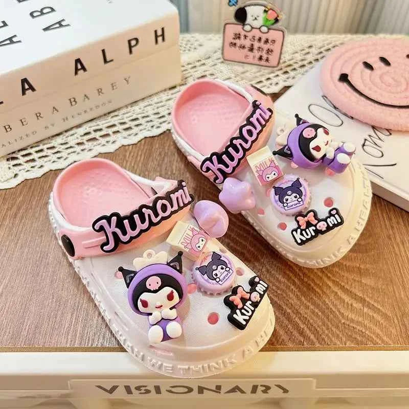 Sanrioed Anime Kuromi Shoes Cartoon Accessories Non Slip Hole Slippers Women Hello Kittys Outside Wear Summer Thick Girl Sandals