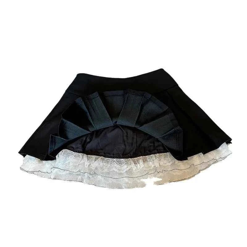 Lace Patchwork Ruched A-Line Skirts High Waist Bow Skirt