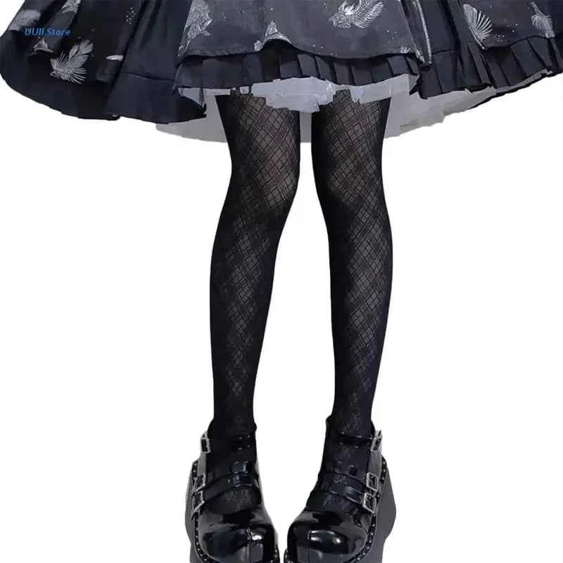 Women Lolita Black Silky Pantyhose Argyle Diamond Plaid Pattern Tights Stockings