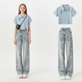 Korean Embroidered Denim Jeans & T-Shirt Matching Set