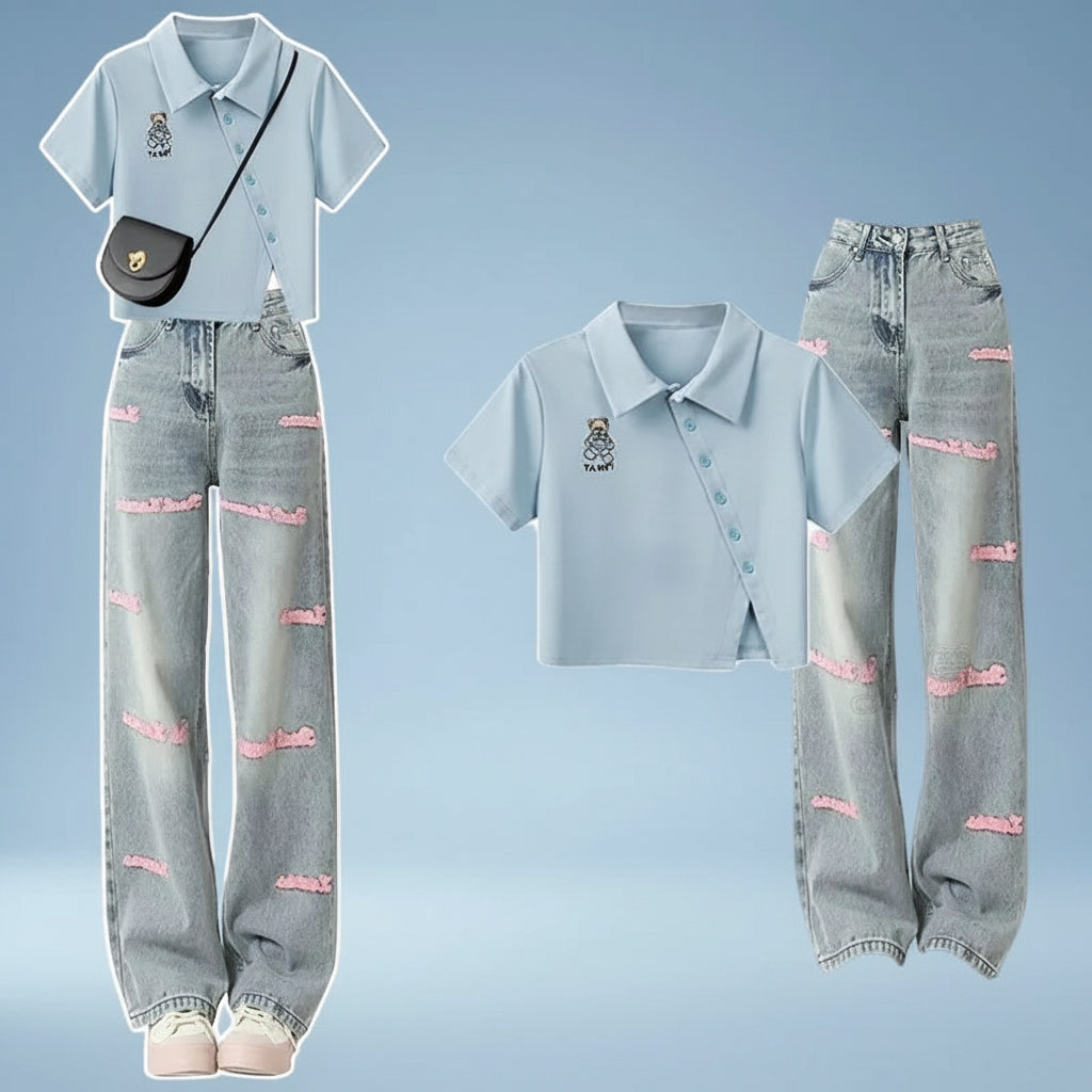 Summer Embroidered Denim Pants Matching Set Korean Elegant - Vusy Kawaii Shop