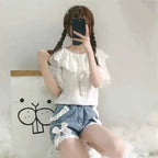 Summer Lolita Denim Shorts Teen Girls Kawaii Bow Lace Hem Women Wide Leg Jeans 2025 Korean Fashion High Waist Casual Short Pants