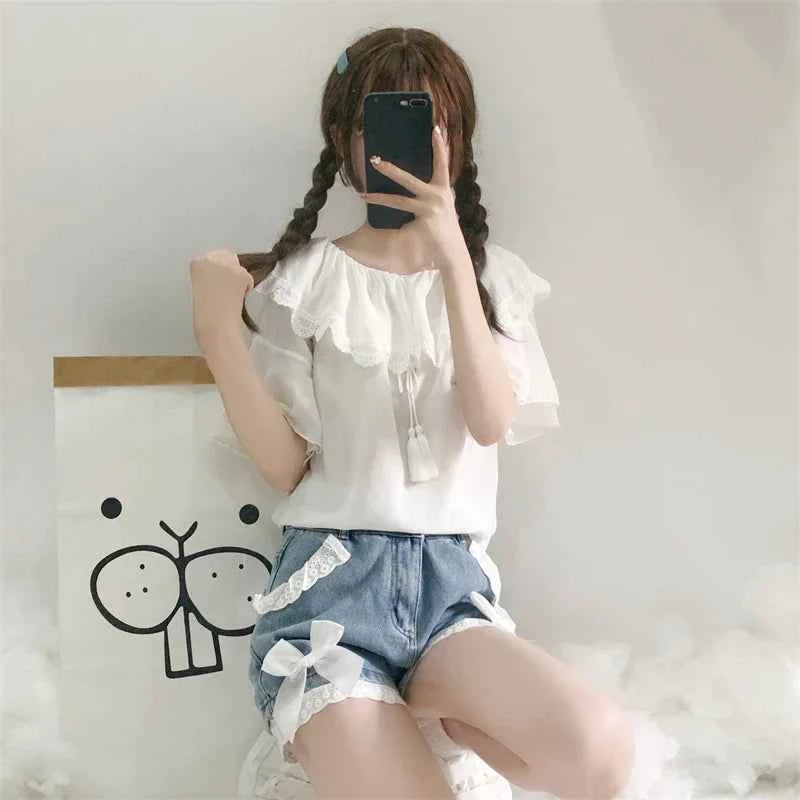 Summer Lolita Denim Shorts Teen Girls Kawaii Bow Lace Hem Women Wide Leg Jeans 2025 Korean Fashion High Waist Casual Short Pants