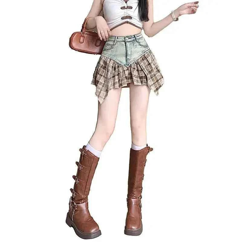 Kawaii Pink Plaid Spliced Denim Skirts Summer A-line