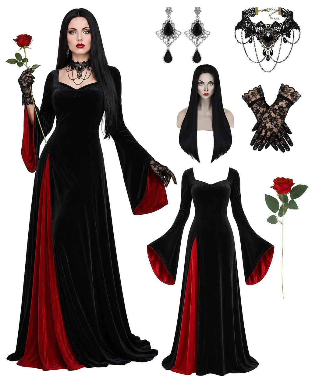 Morticia Addams black velvet gown set with wig and gloves, front view