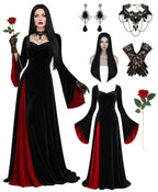 Morticia Addams black velvet gown set with wig and gloves, front view