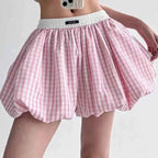 Sweet Pink Plaid Flower Bud Shorts Skirt Summer High Waist