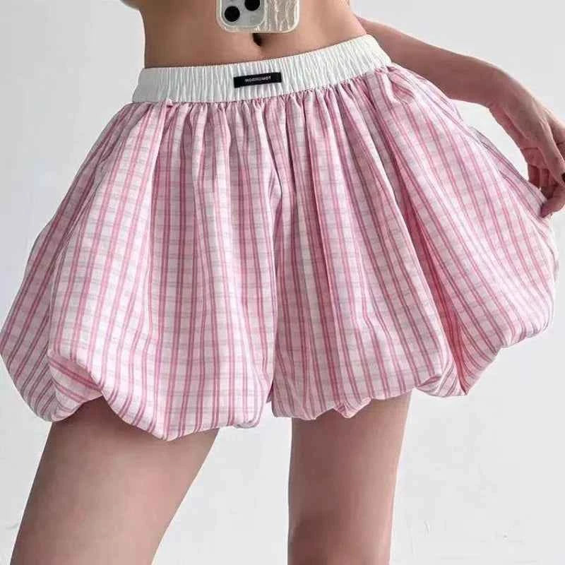 Sweet Pink Plaid Flower Bud Shorts Skirt Summer High Waist