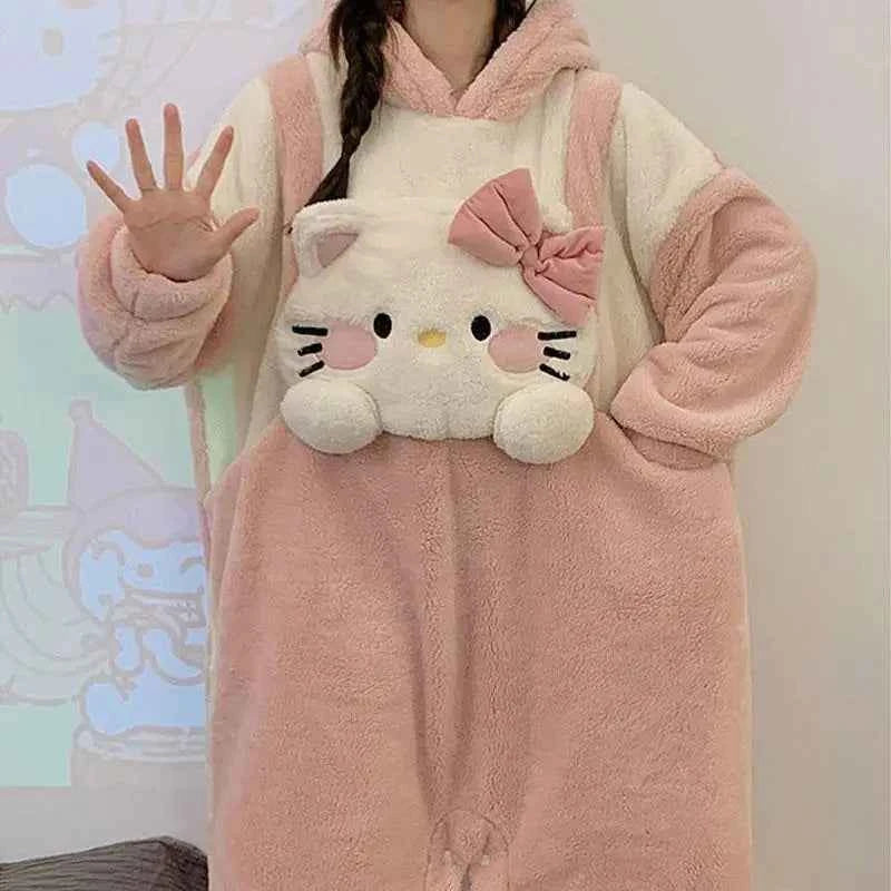 Kawaii Hello Kittys Cute Siamese Pajamas Women Coral Velvet Autumn Winter Sanrioed Sweet Thickened Warm Flannel Home Clothes